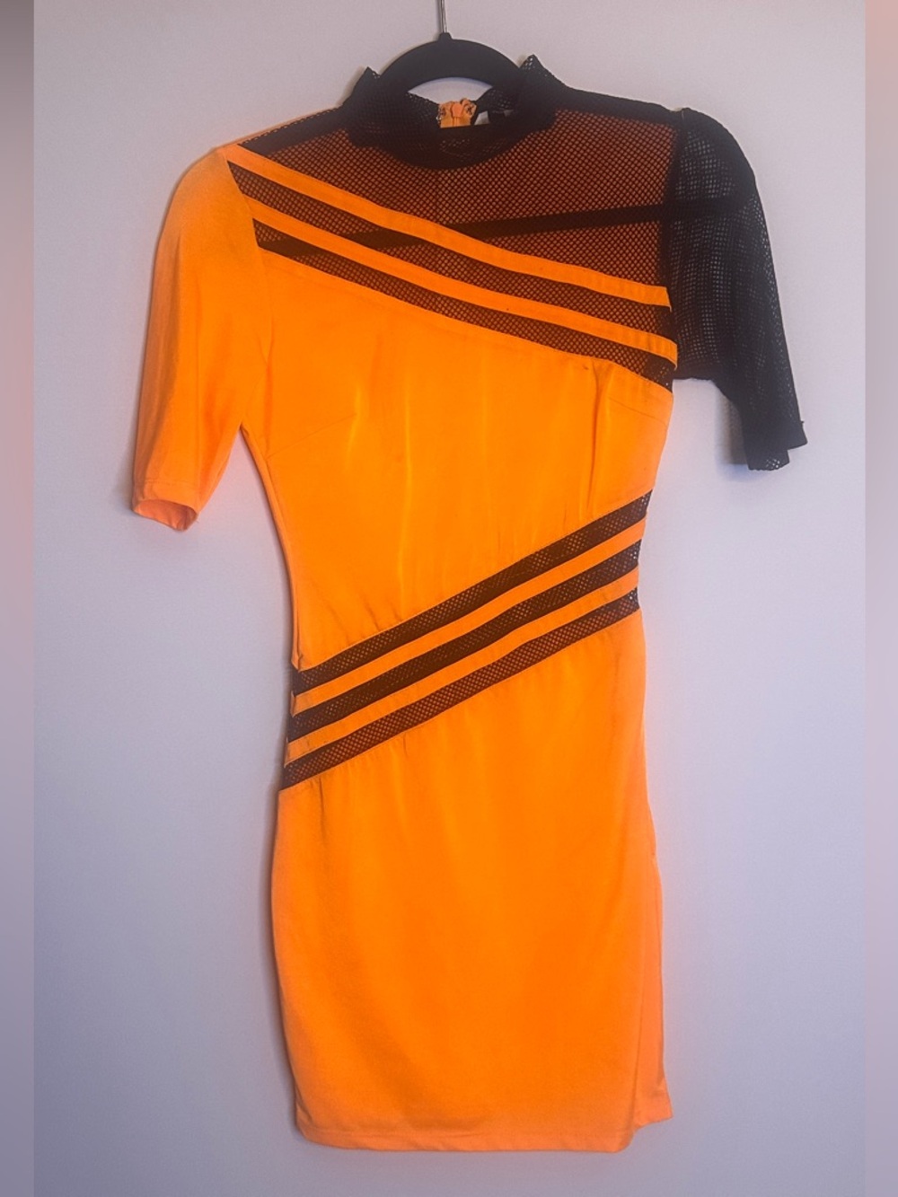 Orange Bodycon Mini Dress XS S Black Mesh Sheer Panel Club Party Neon Fitted